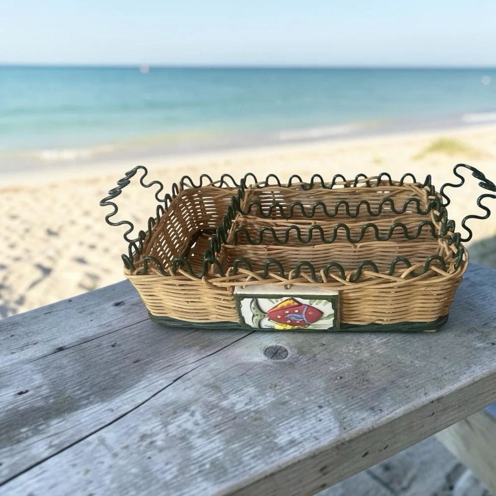 Vintage Wicker Utensils Tray Fish Ceramic Tile Green Metal Accents Summer Vibes
